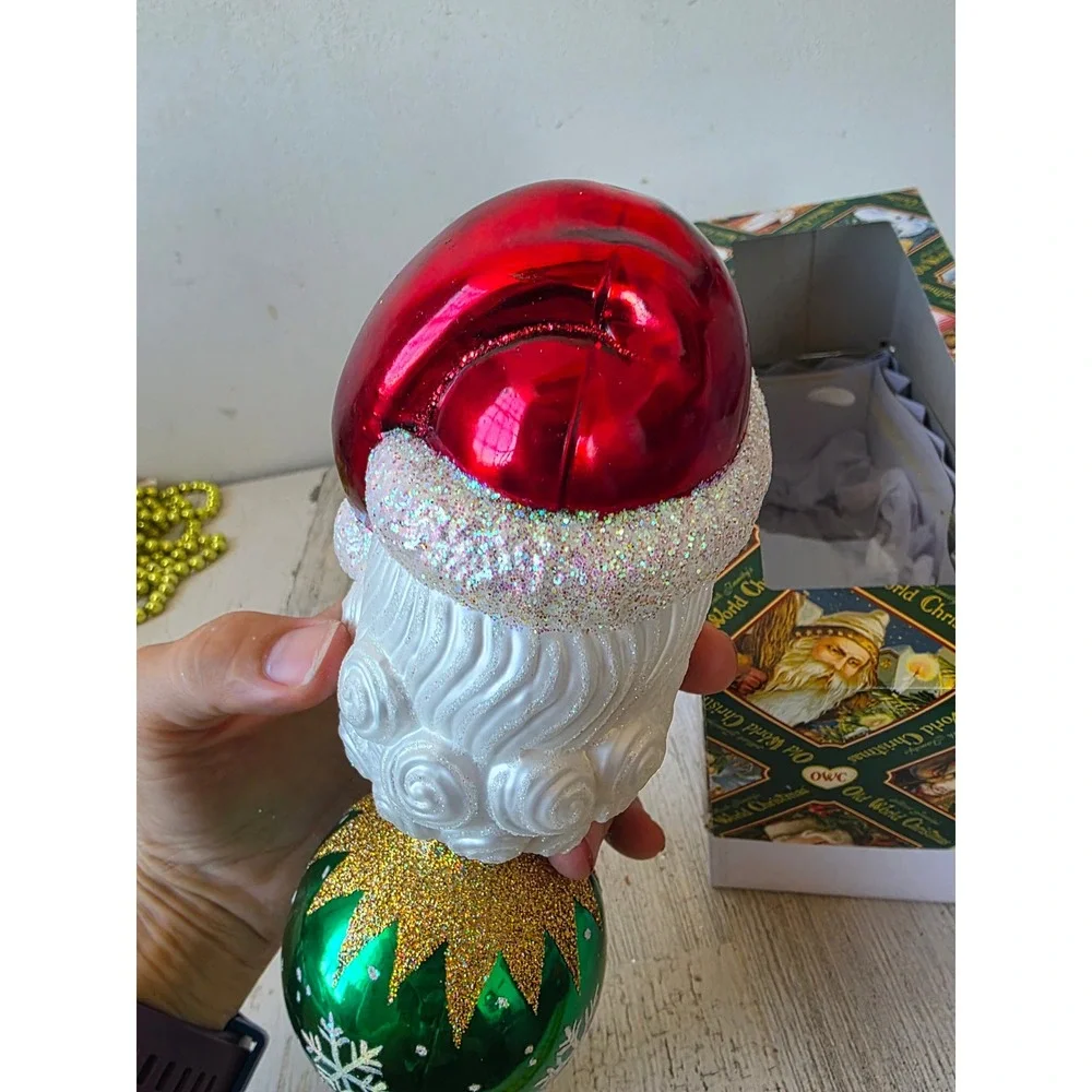 OWC Old world 2005 Santa glitter tree topper ball green gold Xmas tree